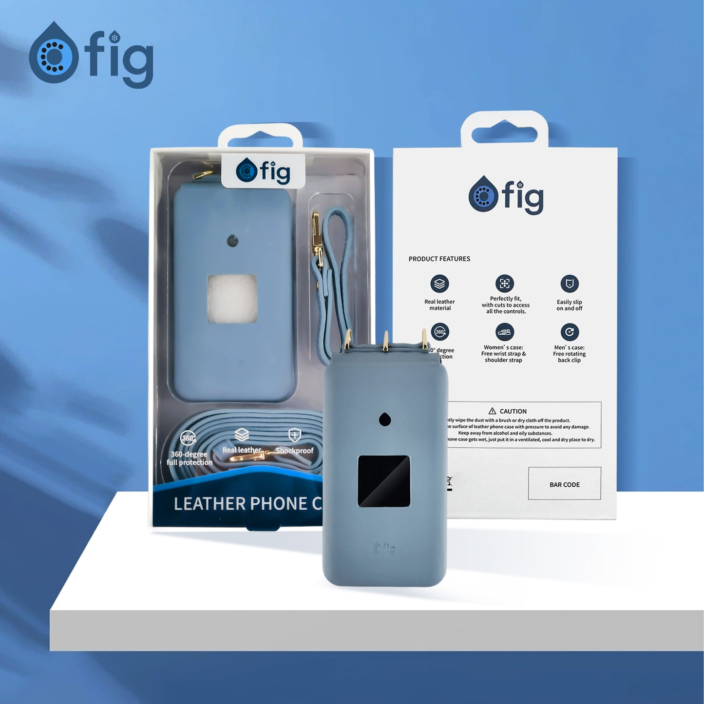 Fig Flip II Genuine Leather Crossbody Case (with strap) - Light Blue